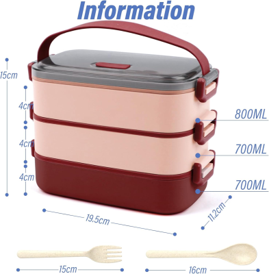 LUNCHBOX śniadaniówka z trzema przegródkami + sztućce 2200ml