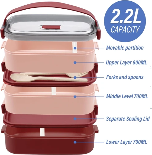LUNCHBOX śniadaniówka z trzema przegródkami + sztućce 2200ml